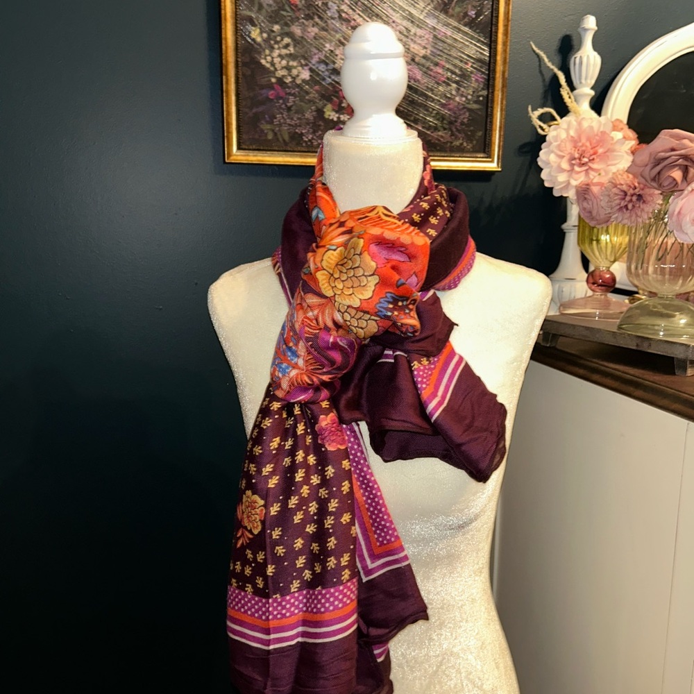 LOFT Vibrant Floral Scarf in Burgundy and Orange